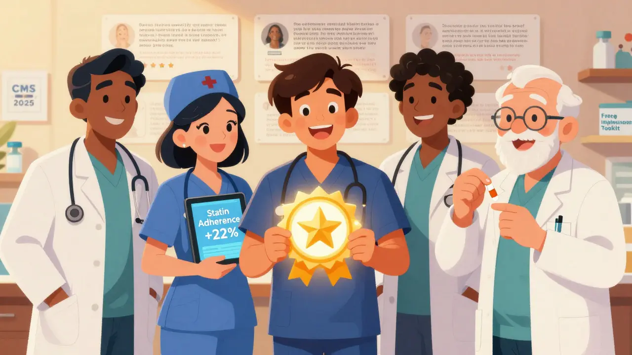 Healthcare team celebrating improved patient adherence with a 5-star CMS rating badge