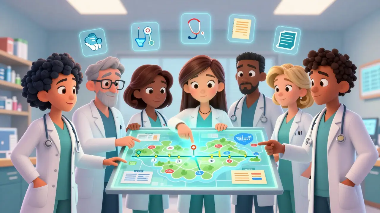 Illustrated team of doctors planning medication timelines around a glowing roadmap table.