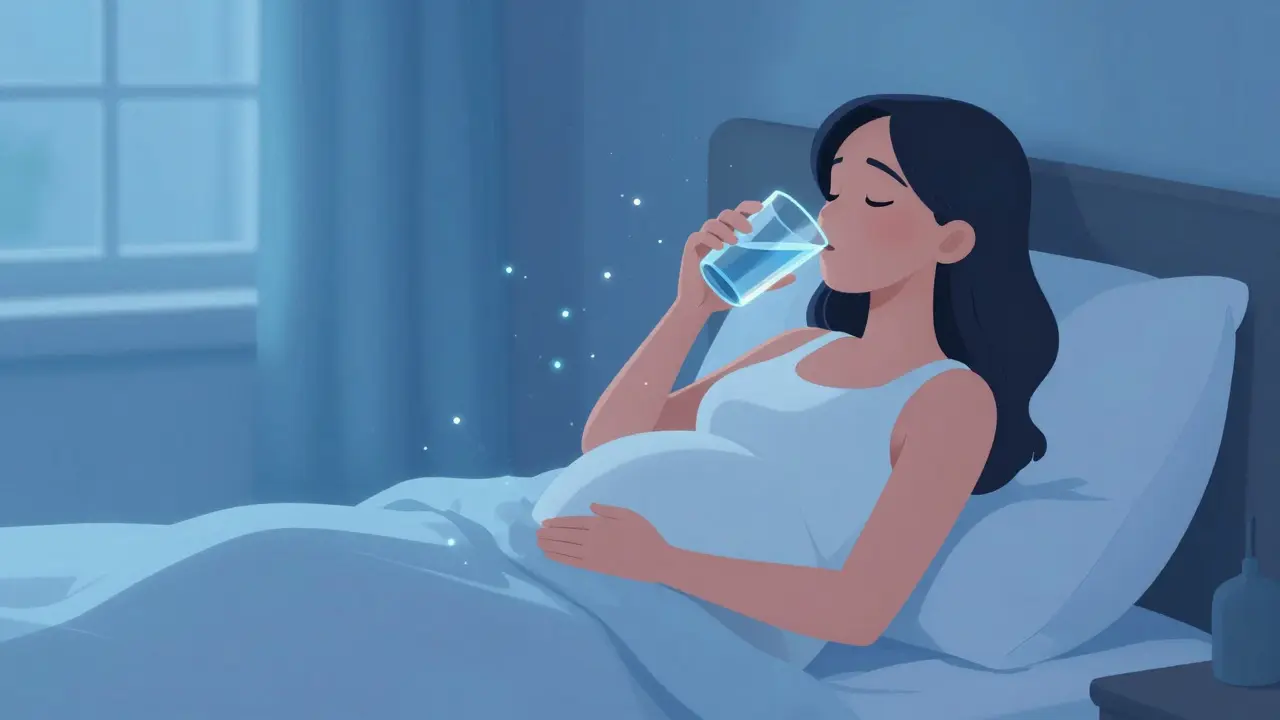 Peaceful pregnant woman resting and drinking water in bed.