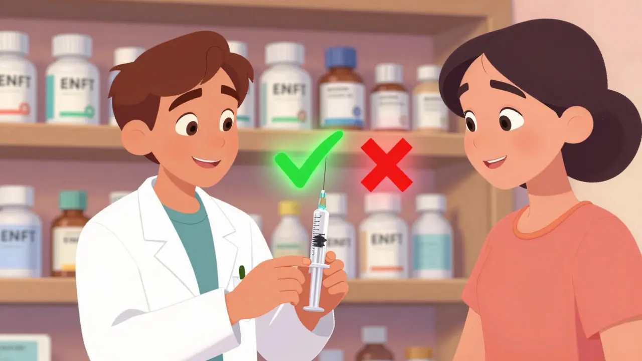 Pharmacist handing an oral syringe to a parent, with metric-labeled medicine bottles in the background.