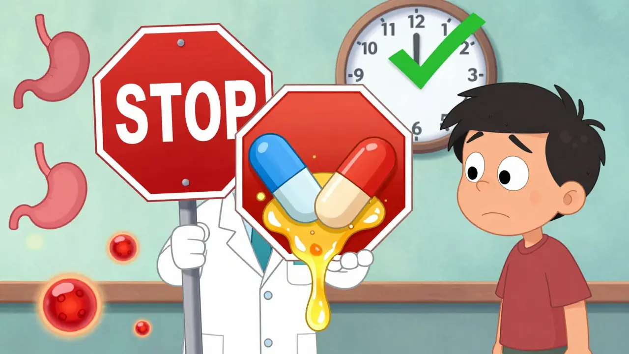 Pharmacist warning a patient that calcium and antibiotics stick together, preventing absorption in a playful cartoon style.