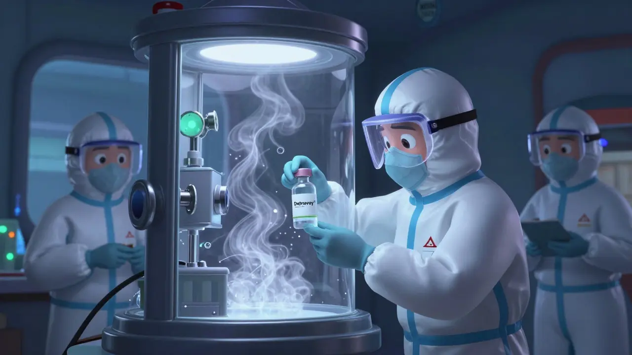 Pharmacy technician handling a hazardous cancer drug in a sealed containment hood with protective gear