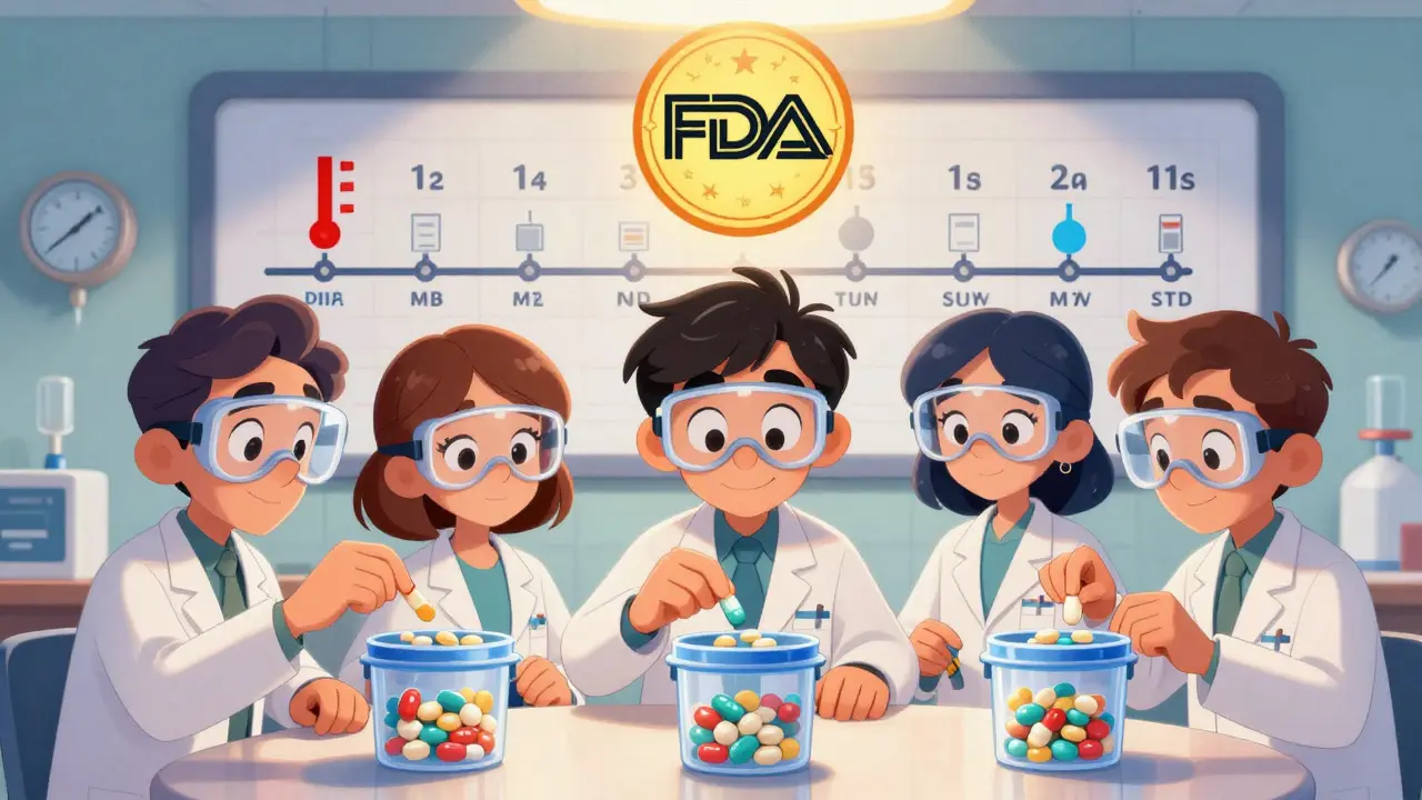 Scientists placing pill batches into containers under a glowing FDA seal, with a timeline chart showing 12-month testing milestones.