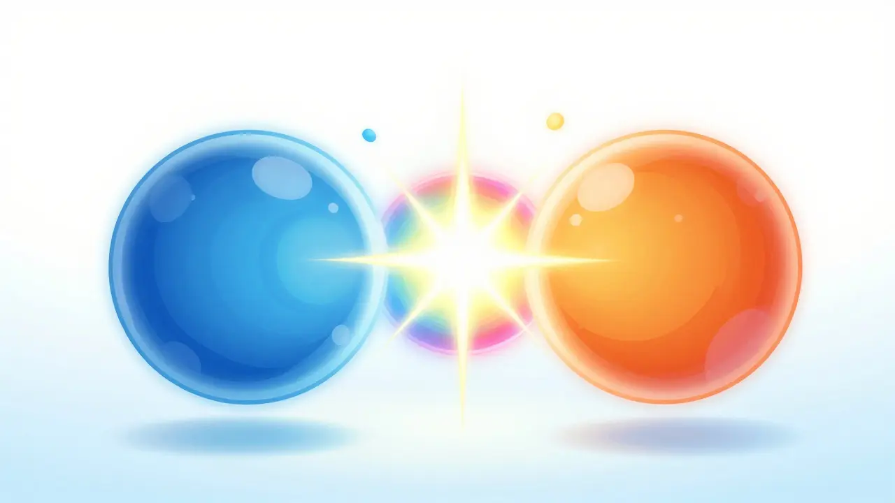 Two glowing spheres merging into one brighter sphere symbolizing synergy.