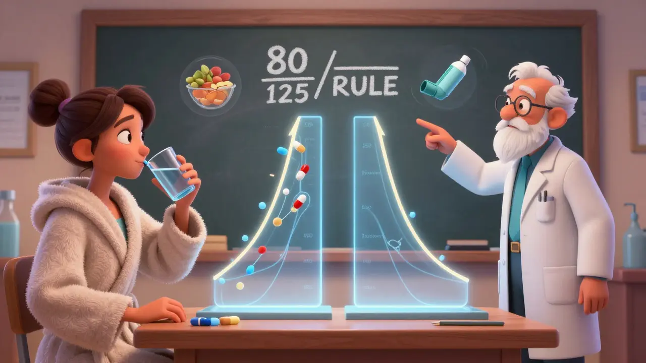 Volunteers in a study with transparent blood flow showing drug absorption, guided by a scientist and the 80/125 rule.