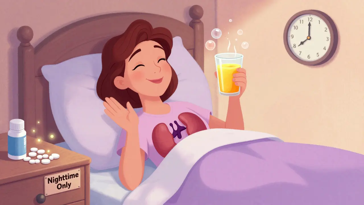 Woman takes thyroid medication with orange juice in the morning, while calcium waits until night, shown in Disney cartoon style.