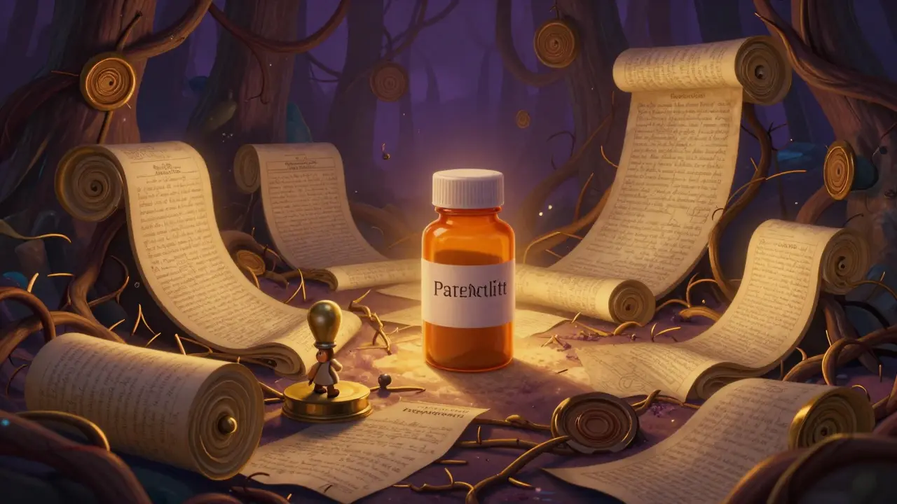 A small medicine bottle character trapped in a thicket of giant golden patent scrolls and seals