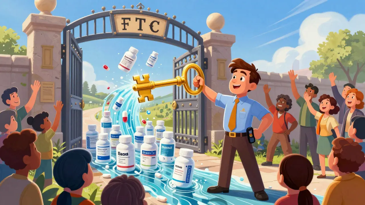 An official unlocking a legal gate to let affordable generic medicines reach a group of happy people