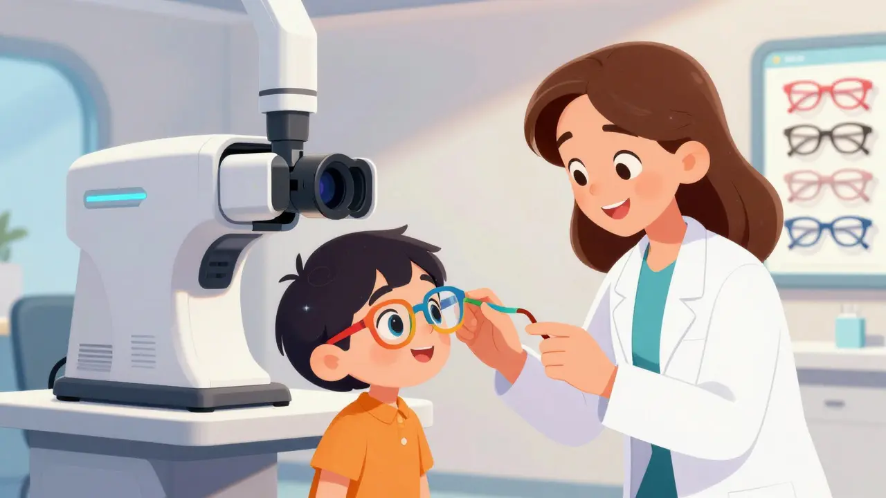 Cheerful optometrist helping a child with glasses in a modern clinic
