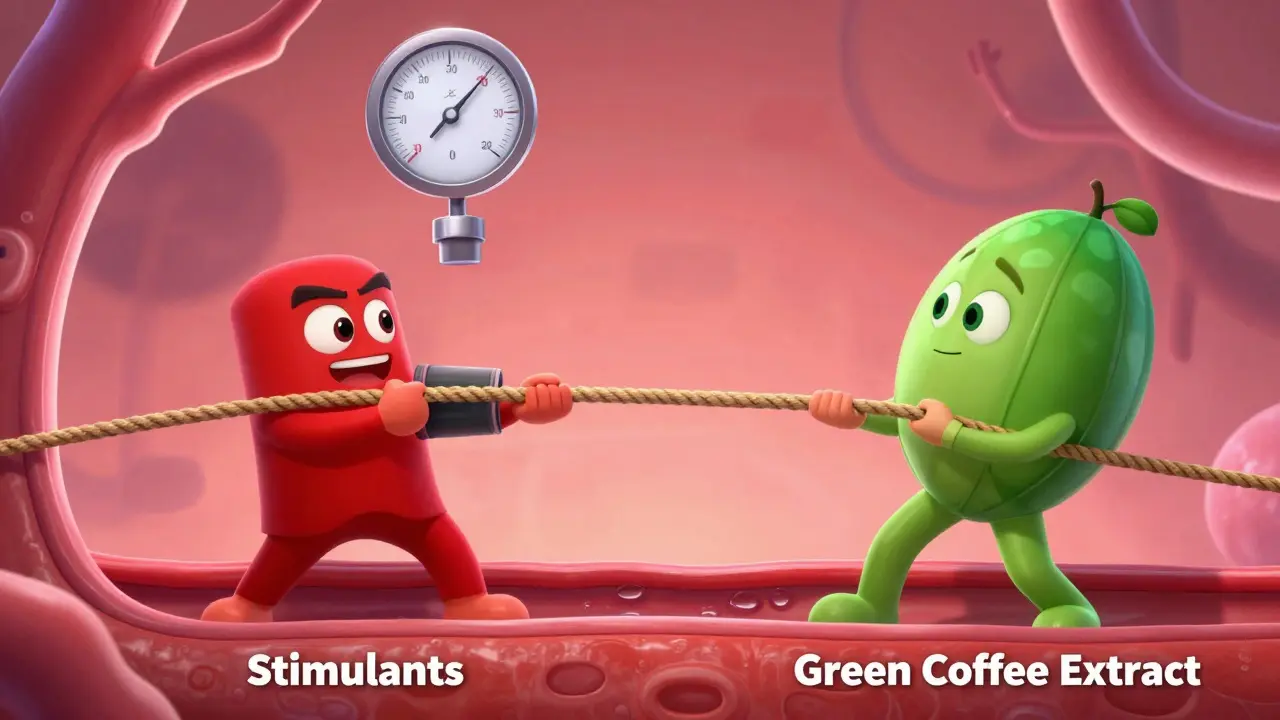 Conceptual tug-of-war between stimulants and green coffee extract over blood pressure.