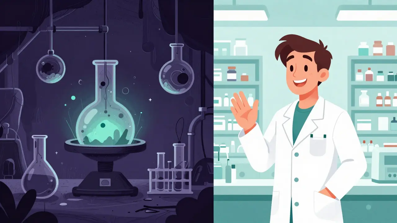 Contrast between a dangerous unregulated lab and a safe licensed pharmacy