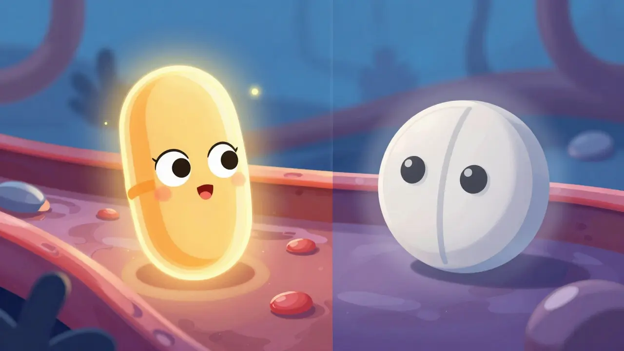 Disney style illustration comparing a brand-name drug's effectiveness versus a generic failure.