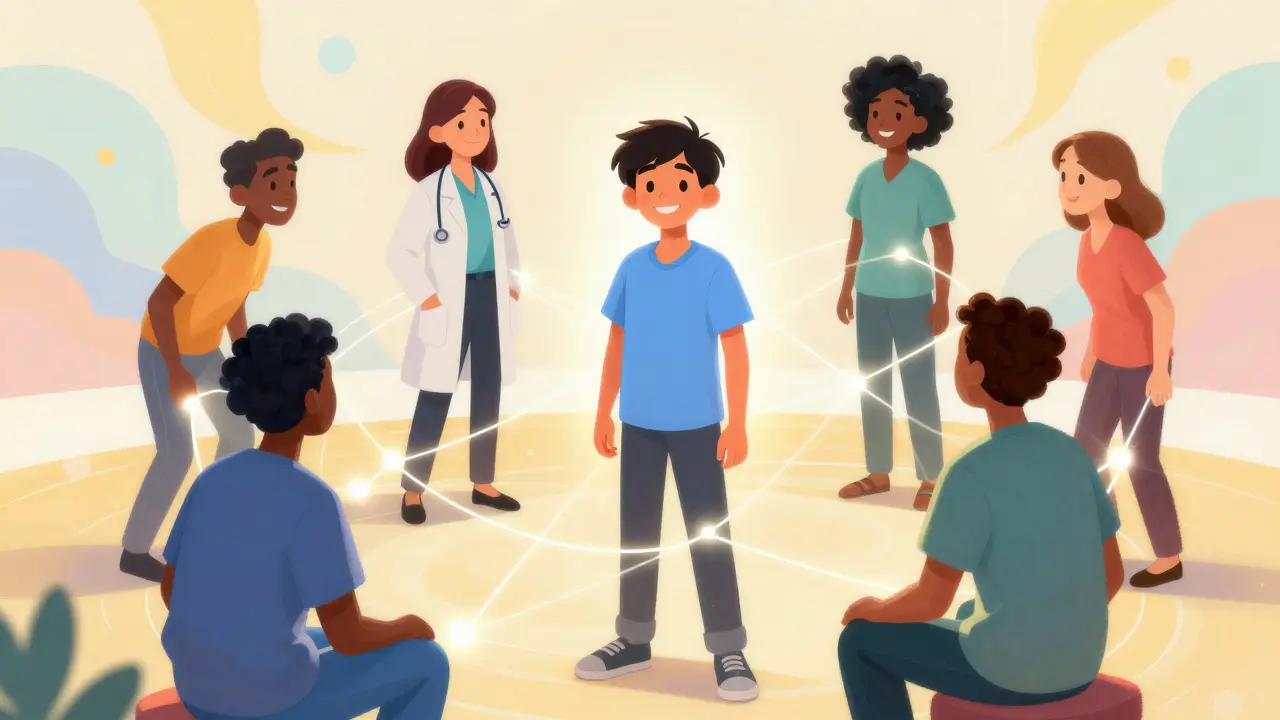 Diverse care team forms protective circle around happy adolescent