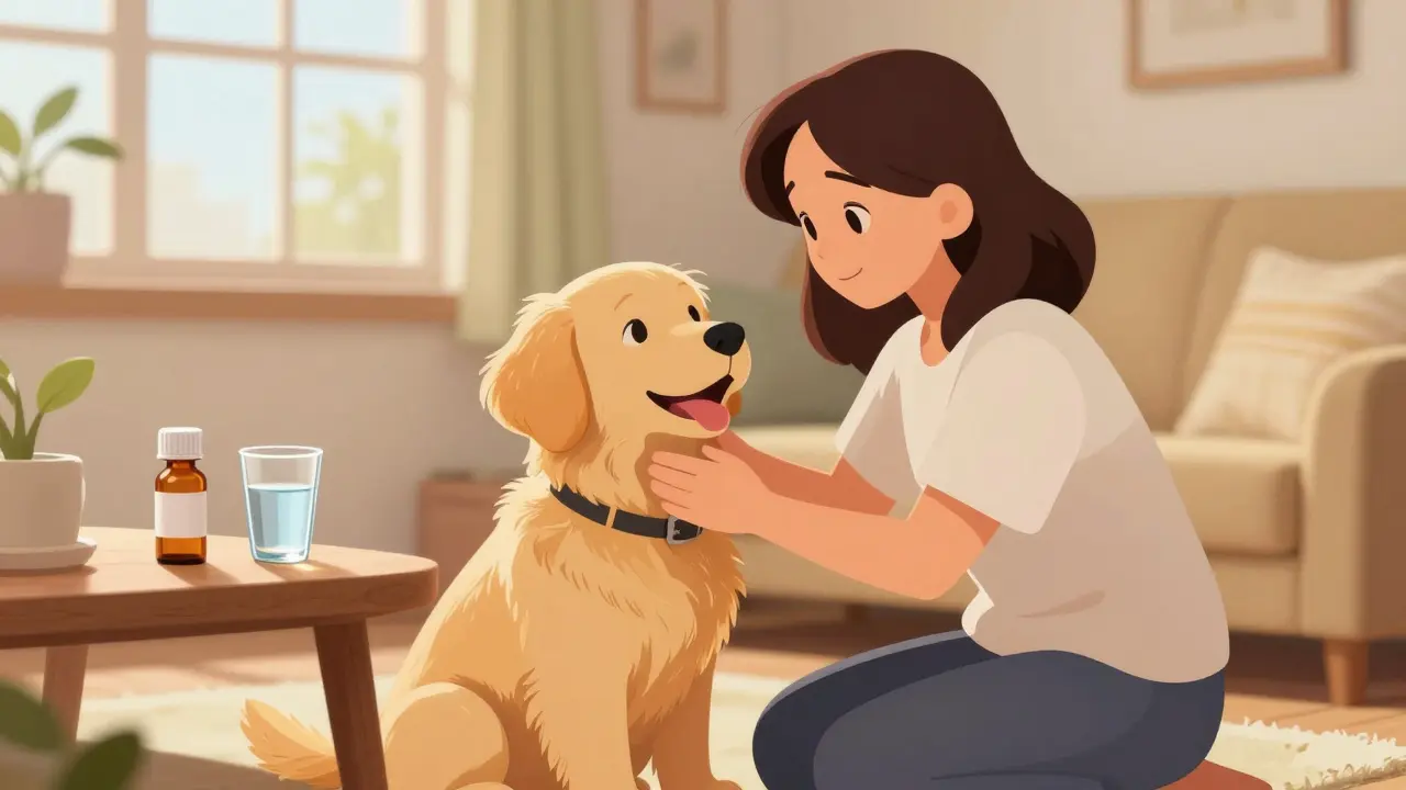 Kind owner with a healthy golden retriever in a cozy sunlit living room