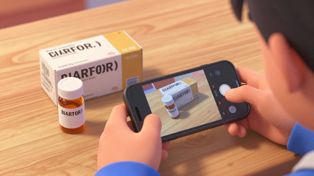 Person taking a photo of a medication batch number for evidence in Disney style.
