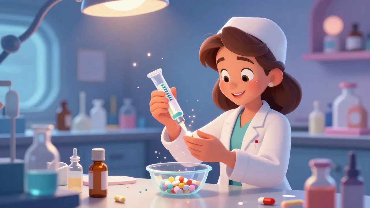 Pharmacist preparing a transdermal medication gel in a whimsical laboratory