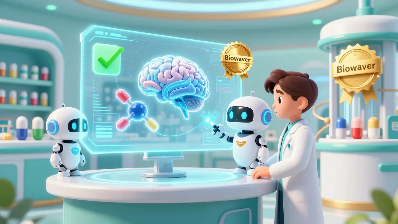 Scientist and robot celebrating a successful biowaiver approval in a futuristic lab.