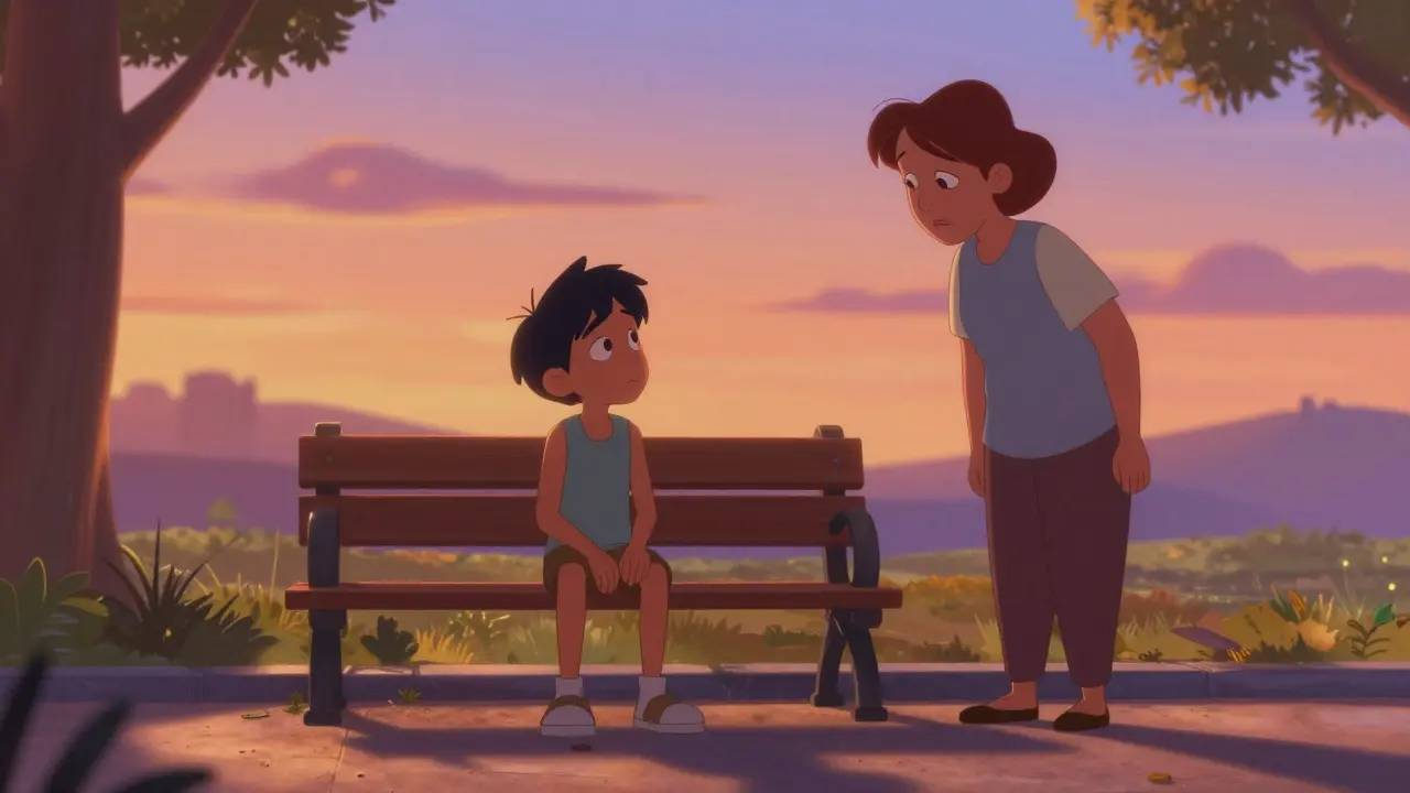 Teen sitting on bench watched protectively by guardian in sunlight