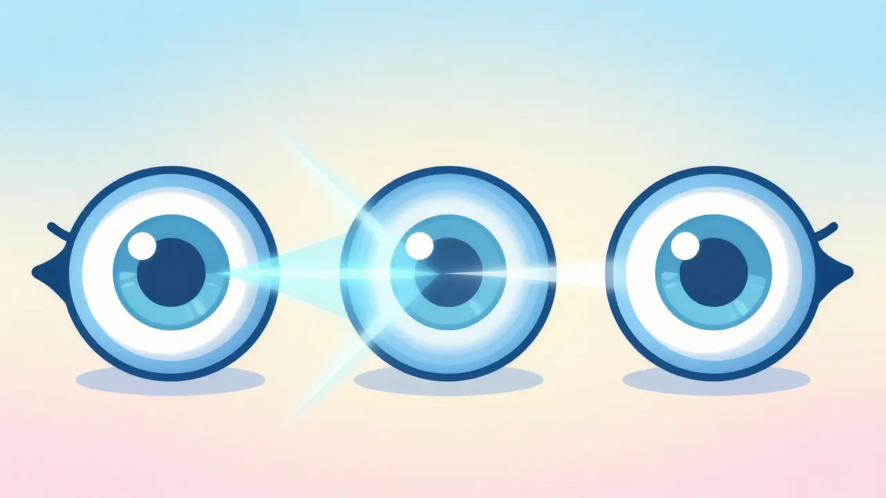 Three stylized eye diagrams showing myopia, hyperopia, and astigmatism